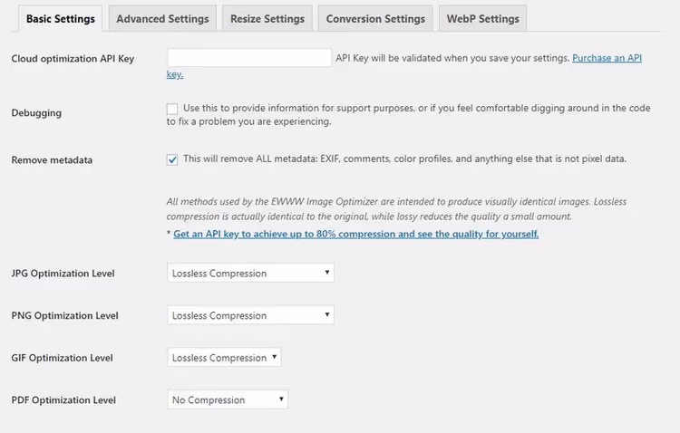 Impostazioni compressione base EWWW Image Optimizer