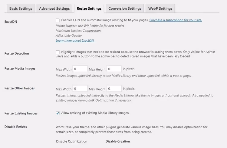 Impostazioni ridimensionamento in EWWW Image Optimizer