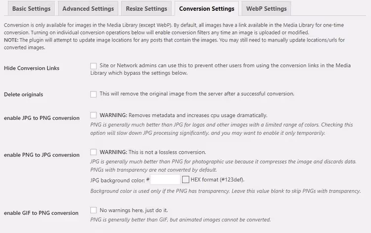 Impostazioni conversione WebP in EWWW Image Optimizer