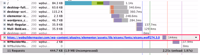 HTTP-förfrågningsdetaljer för eicons-filen i GTMetrix-rapporten