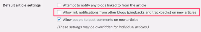 Avkrysningsboks for tilbakeping i diskusjonsinnstillinger i WordPress