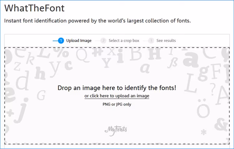 Інтерфейс WhatTheFont: завантаження зображення та результат розпізнавання шрифту