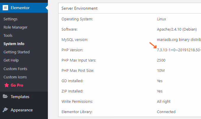 Versão atual do PHP nas informações do sistema do Elementor