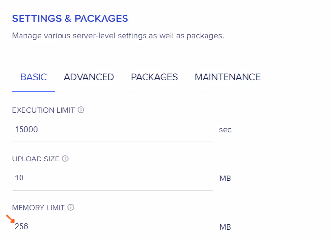 Configuração do limite de memória PHP no painel de controlo do alojamento