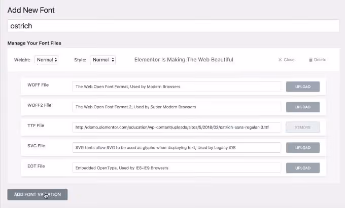 Definições de tipos de letra personalizados no Elementor Pro