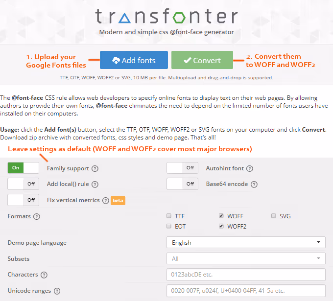 Ferramenta online Transfonter para converter tipos de letra para formatos web