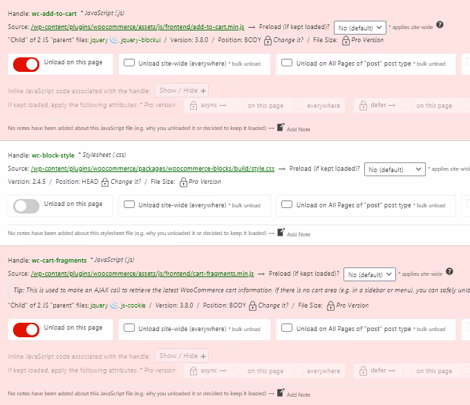 Definições de desativação de scripts do WooCommerce no plugin Perfmatters
