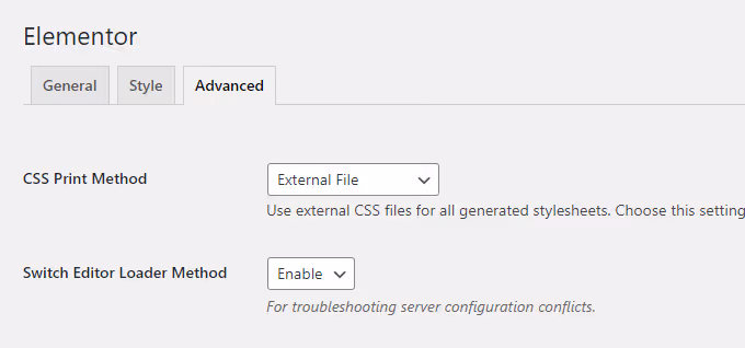 Alternância do método de carregamento do editor nas definições do Elementor