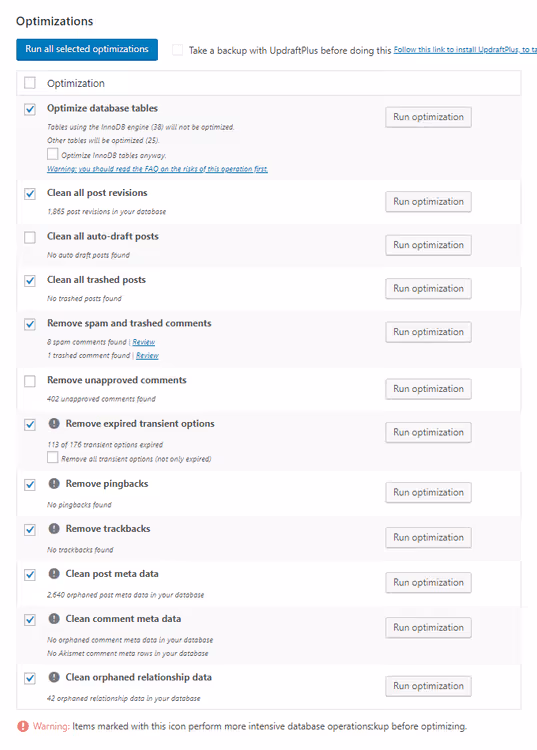 Interface de limpeza da base de dados no plugin WP Rocket