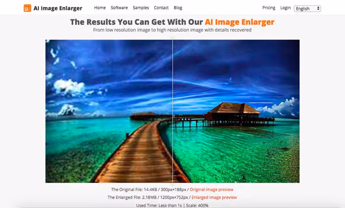 AI Image Enlargeri veebiliides üleslaaditud pildi ja skaala seadetega