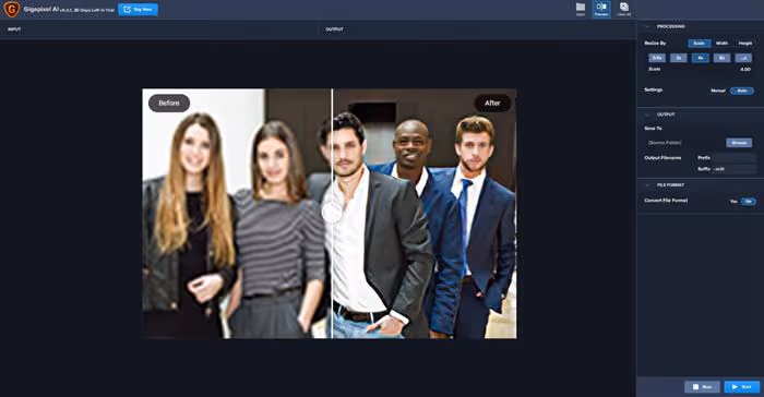 Topaz Gigapixel AI rakendus eelvaateaknaga, mis näitab foto suurendustulemust
