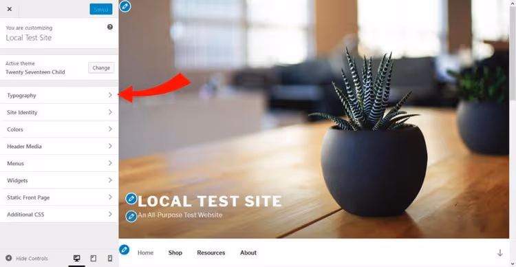 Opzione tipografia nel personalizzatore di WordPress dopo aver installato Easy Google Fonts