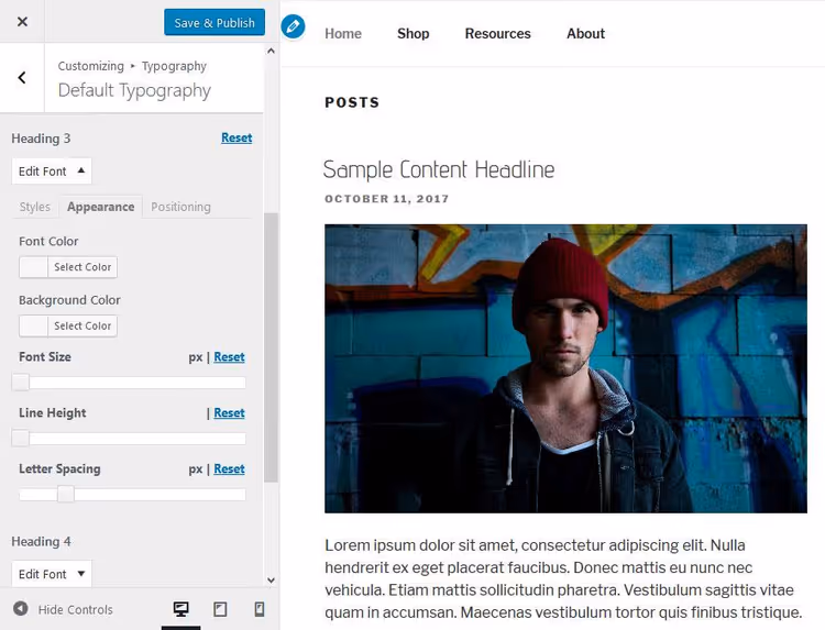 Impostazioni aspetto testo nel plugin Easy Google Fonts
