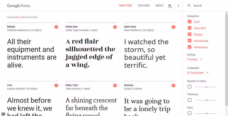 Homepage di Google Fonts con griglia di font