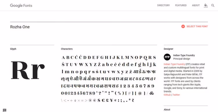 Pagina dettaglio font in Google Fonts con tutti gli stili