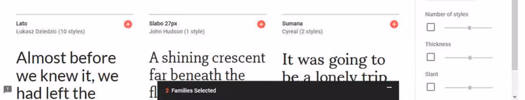 Pannello raccolta con font selezionati in Google Fonts
