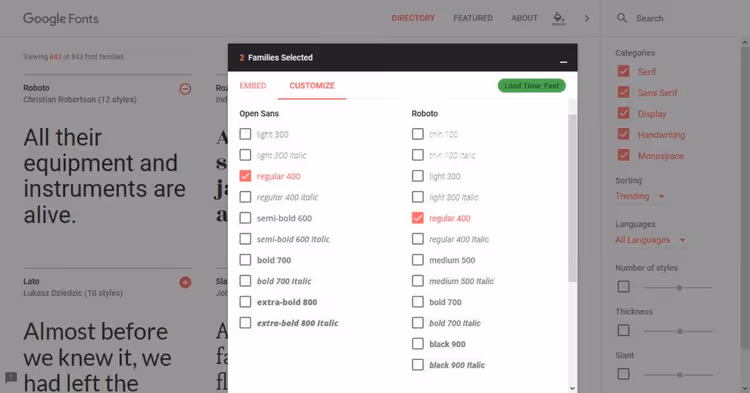 Scheda Personalizza per selezionare gli stili del font in Google Fonts