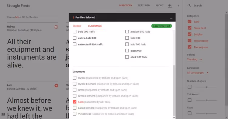 Selezione set caratteri linguistici per un font in Google Fonts