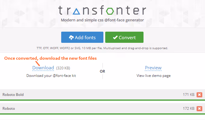 WOFF- und WOFF2-Webfont-Dateien nach der Konvertierung