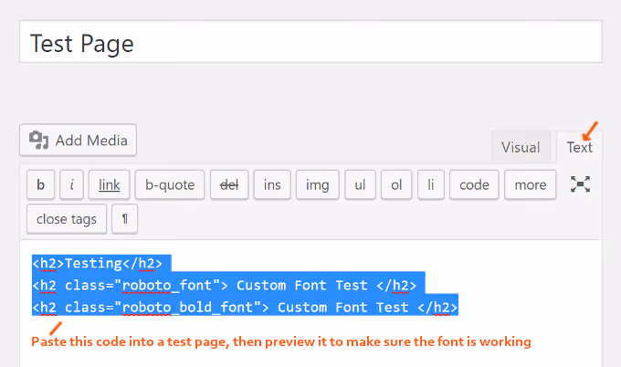 HTML-Code für die Testseite im WordPress-Editor