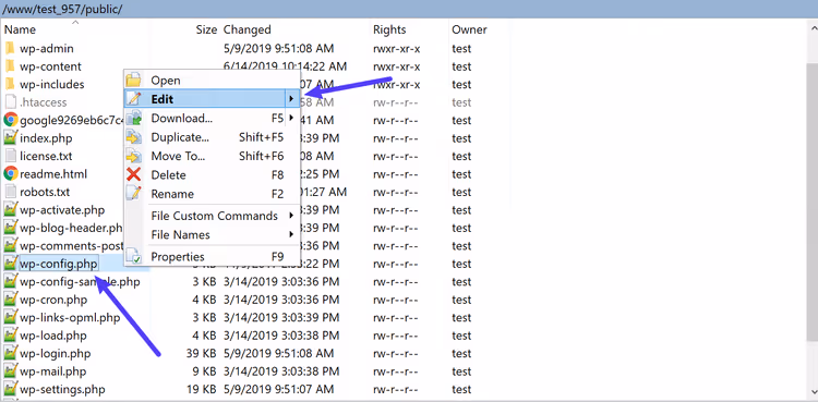Modification du fichier wp-config.php via un client FTP
