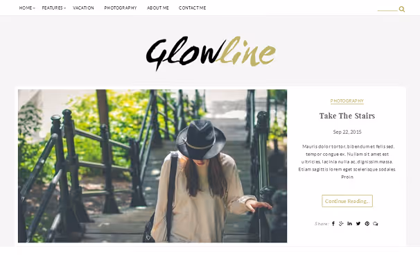GlowLine-tema med minimalistisk skyvebilde på hjemmesiden