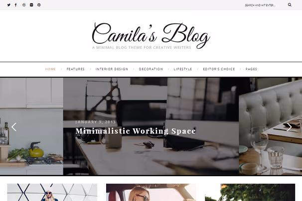 Elegant bloggtema Camila med innleggsskyvebilde