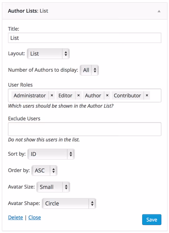Author grid in Author Lists plugin layout
