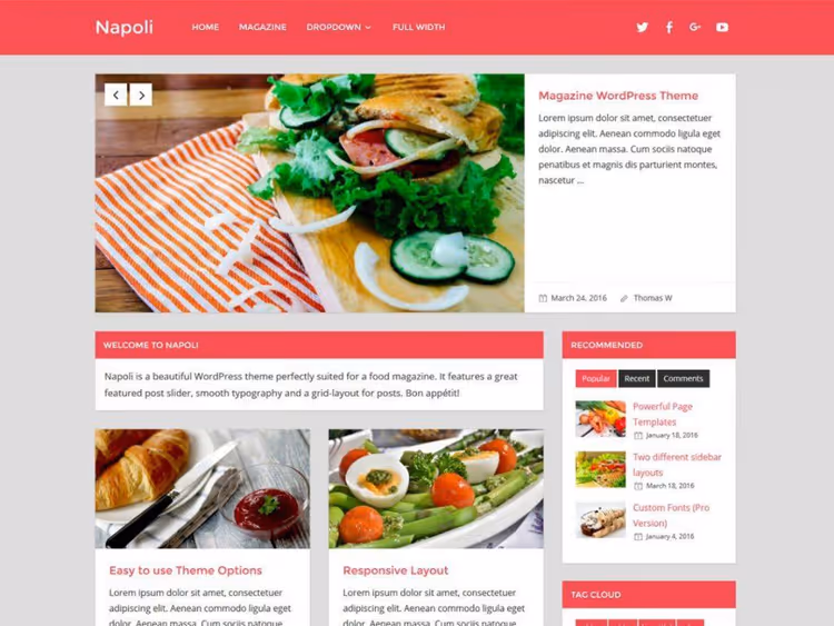 Превью темы Napoli для фуд-журнала WordPress