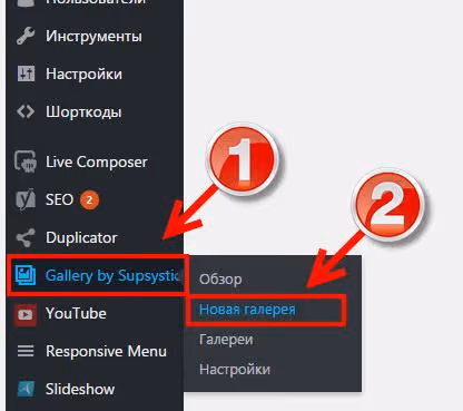 Menu a tendina del plugin con l'opzione Nuova Galleria