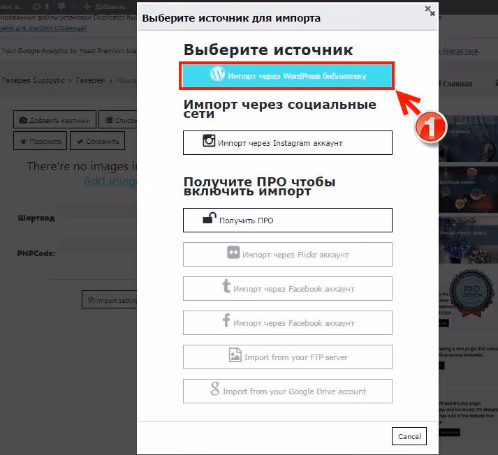 Finestra di selezione sorgente con il pulsante di importazione dalla libreria media di WordPress