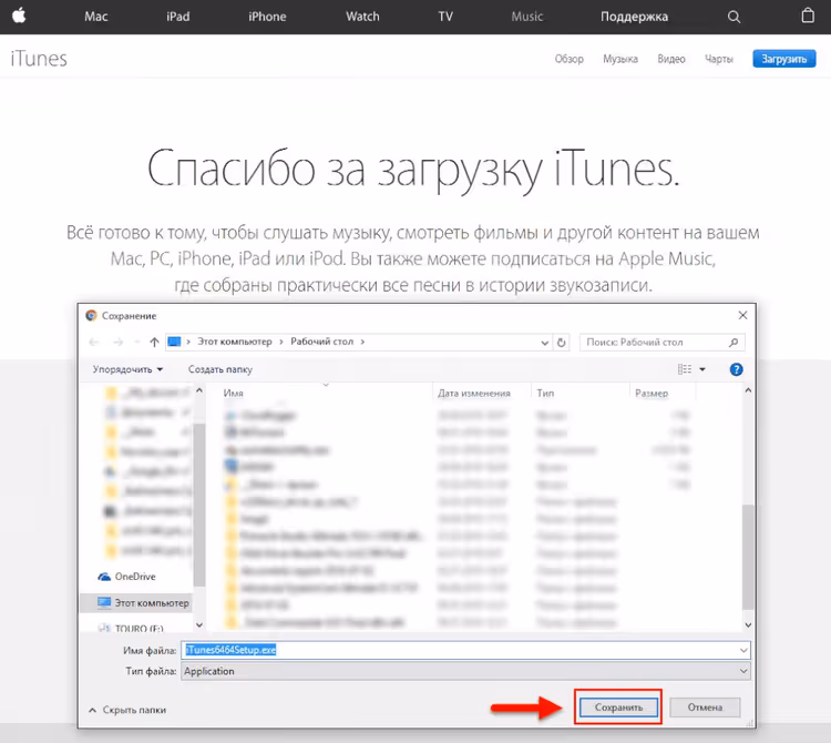 Dialog for saving the iTunes installer in Windows