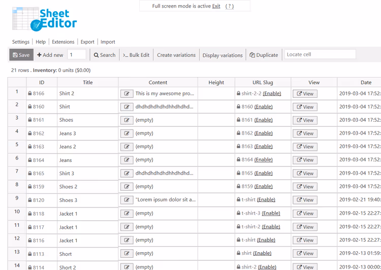 Tabela de produtos do WooCommerce na interface do WP Sheet Editor