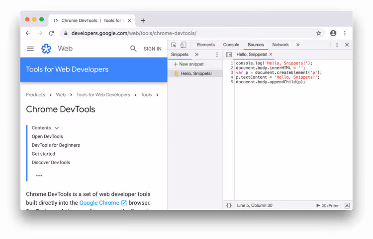 Side før kjøring av en snippet i Chrome DevTools