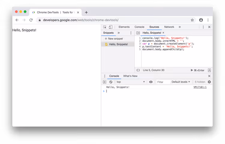 Side etter kjøring av en snippet i Chrome DevTools
