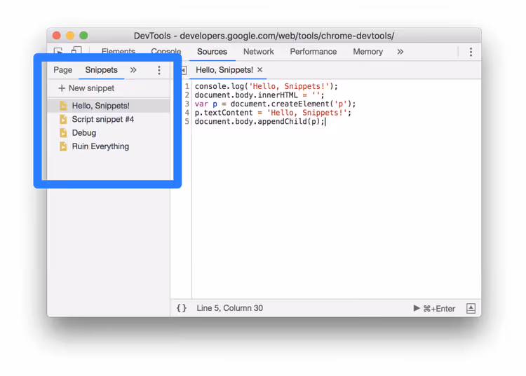 Snippets-panel på Sources-fanen i DevTools