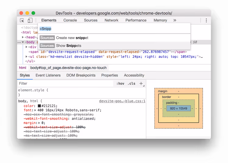 Kommandoen Show Snippets i DevTools kommandomeny