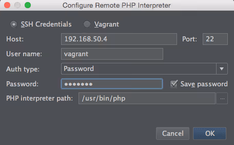 Konfigurationsfenster für entfernten PHP-Interpreter in PhpStorm