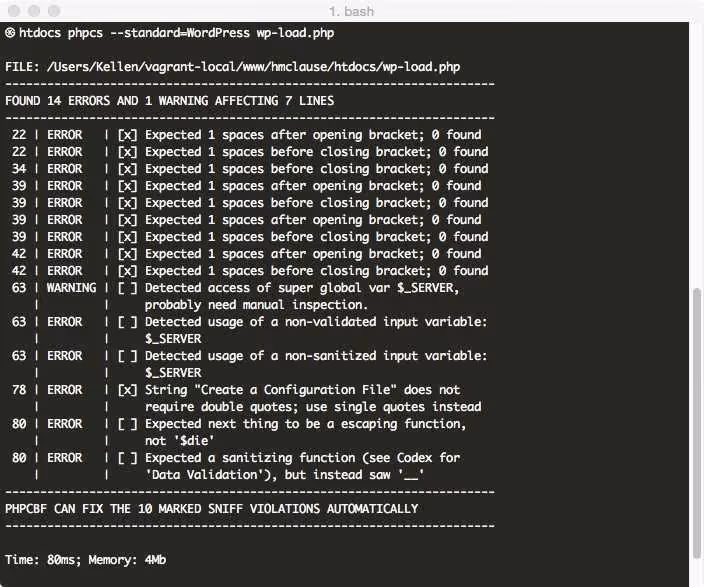 Ergebnisse der PHP-CodeSniffer-Codeüberprüfung im Terminal