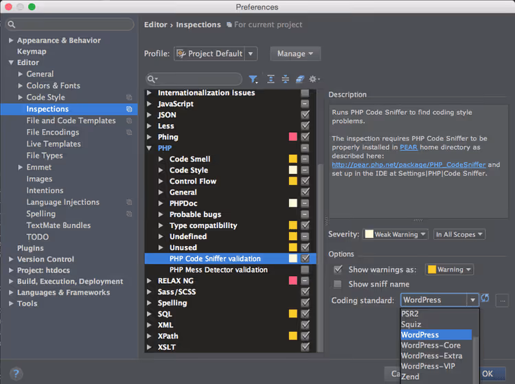 Aktivierung der PHP-CodeSniffer-Validierungsprüfung in den PhpStorm-Einstellungen