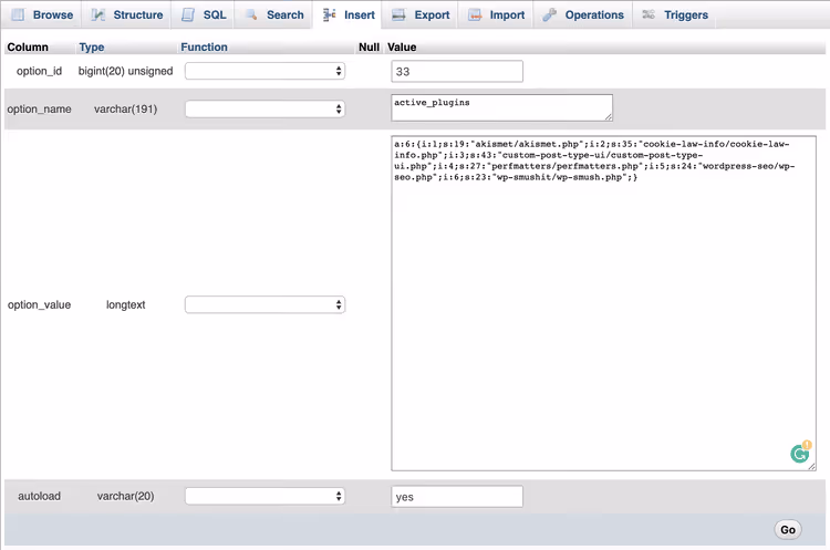 wp_options-tabell med aktiva tillägg