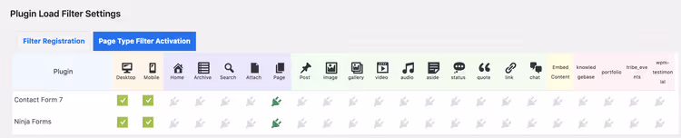 Sidinställningar för Plugin Load Filter