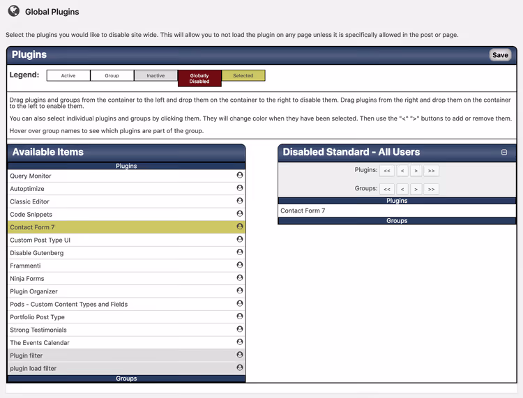 Contact Form 7 globalt inaktiverat i Plugin Organizer