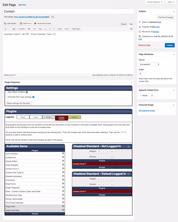 Plugin Organizer-metabox på kontaktsidan