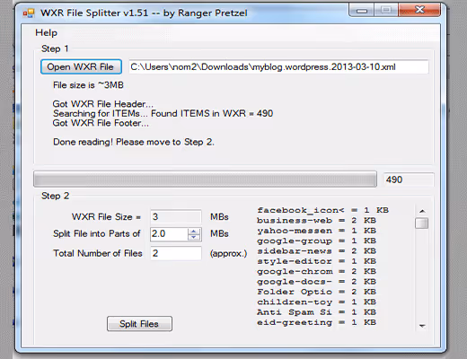 WXR File Splitter-vindu som viser XML-fildata