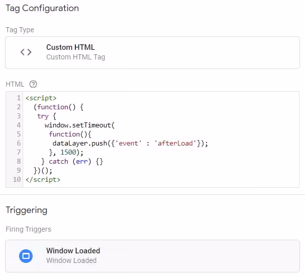 Window Loaded päästiku seadistamine kohandatud HTML-sildile