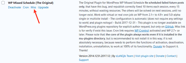 Przestarzała wtyczka WP Missed Schedule na liście zainstalowanych wtyczek WordPress