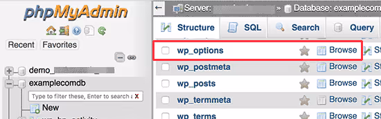 Botón Examinar de la tabla wp_options en phpMyAdmin