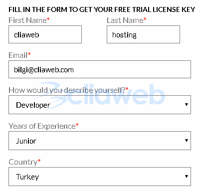 Plesk trial license request form with completed fields