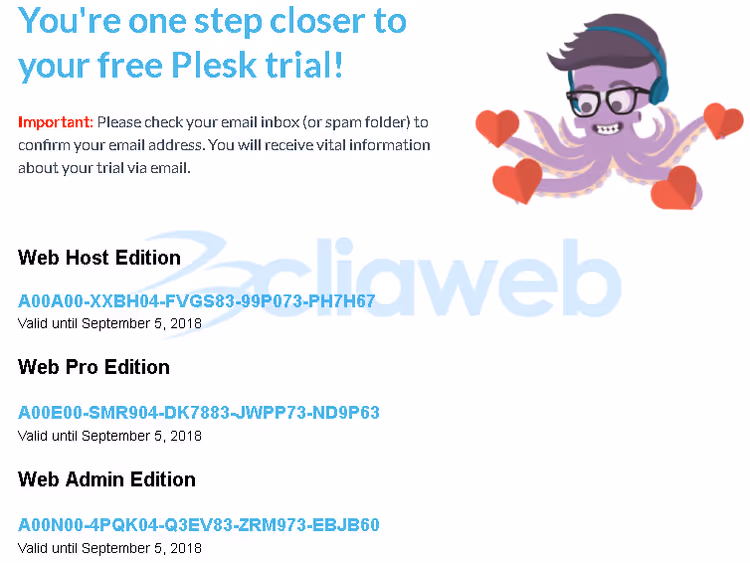 Email with Plesk trial license keys for three editions